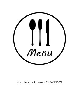 Menu icon. Fork, spoon, knife, circle icon. Flat design. Vector illustration. Black and white.