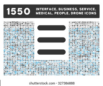 Menu icon and other web interface, business, tools, people, medical service and awards vector symbols. Style is bicolor flat symbols, blue and gray colors, rounded angles, white background.