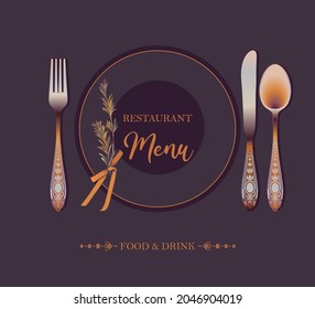 Menu icon for restaurants and wedding invitations. Vintage cutlery, spoon, fork, knife, plate, ribbon, table setting, menu, restaurant, rosemary branch, editable vector.