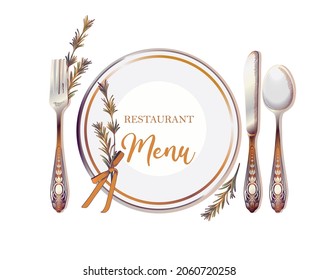 Menu icon for restaurants and wedding invitations. Vintage cutlery, spoon, fork, knife, plate, ribbon, table setting, menu, restaurant, rosemary branch, editable vector.