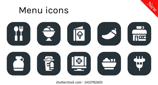 menu icon set. 10 filled menu icons.  Collection Of - Cutlery, Ice cream, Menu, Pepper, Coffee shop, Canteen, Coffee cup, Medical, Salad, Sausage