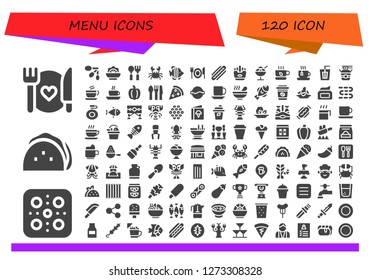  menu icon set. 120 filled menu icons. Simple modern icons about  - Food, Pizza, Taco, Spoons, Salad, Spoon, Crab, Fish, Fork, Hot dog, Fries, Ice cream, Tea, Drink, Noodles, Coffee