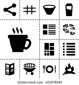 Menu icon. set of 13 filled menuicons such as chili, drink, coffee, pizza, menu, bbq, grid, plate fork and spoon, bowl