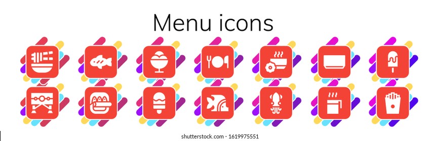 menu icon set. 14 filled menu icons.  Simple modern icons such as: Noodle, Guillotine, Fish, Ice cream, Cutlery, Bowl, Squid, Soup, Cup, French fries