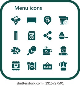 menu icon set. 16 filled menu icons.  Collection Of - Sausage, Soup, Bar, Juice, Churros, Lemonade, Share, Spoon, Fish, Ice cream, Tea, Coffee, Food, Close, French press