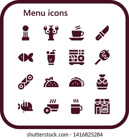 menu icon set. 16 filled menu icons.  Simple modern icons about  - Cup, Lobster, Coffee, Knife, Fish, Mojito, Sushi, Caramelized apple, Cannoli, Taco, Canteen, Bowl, Coffee shop