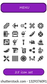 menu icon set. 25 filled menu icons.  Collection Of - Hot dog, Fish, Share, Churros, Pizza, Login, Guillotine, Ice cream, Knife, Canteen, Fork, Coffee, Pepper, Juice, Drink, French press