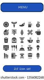 menu icon set. 25 filled menu icons.  Collection Of - Plate, Sausage, Chili, Cup, Canteen, Ice cream, Bbq, Churros, Coffee cup, French fries, Hamburger, Tea, Caramelized apple