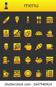 menu icon set. 26 filled menu icons. Included Knife, Cup, Clam, Fork, Cutlery, Restaurant, Register, Salver, Size, Pastry, Coffee, Ice cream, Pizza, Coffee cup, Beer tap icons