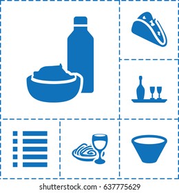 Menu icon. set of 6 menu filled icons such as taco, drink and food, pasta and wine glass, menu, wine bottle and glass