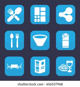 Menu icon. set of 9 filled menu icons such as burrito, pasta and wine glass, fork and spoon, grid, menu, restaurant table, bowl, share