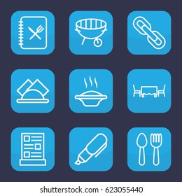 Menu icon. set of 9 outline menu icons such as spoon and fork, bbq, napkin, menu, restaurant table, pen, chain