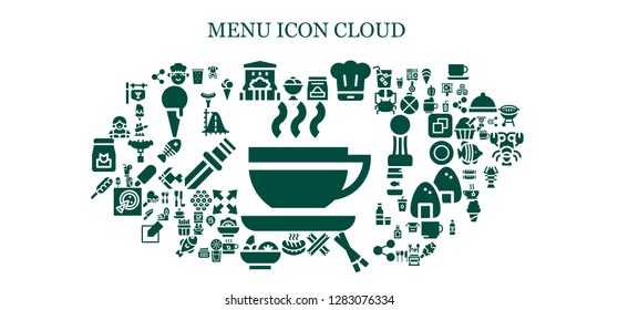  menu icon set. 93 filled menu icons. Simple modern icons about  - Coffee, Ice cream, Chef, Bar, Food, Churros, Chopsticks, Sausage, Salad, Hot dog, Waitress, Drink, Squid, Share