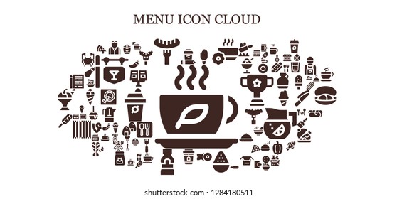  menu icon set. 93 filled menu icons. Simple modern icons about  - Tea, Coffee, Bartender, Sausage, Ice cream, Bowl, Fish, Spoon, Mustard, Hot dog, Sheet, Fries, Pizza, Pepper