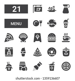 menu icon set. Collection of 21 filled menu icons included Pizza, Noodles, Pepper, Ingredients, Rice, Fries, Doughnut, Ice cream, Tea cup, Hamburger, Shell, Drink, Blowfish, Dinner