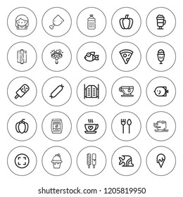 Menu icon set. collection of 25 outline menu icons with bar, bartender, bottle, coffee, cutlery, fish, frying, ham leg, hot dog, ice cream, irish coffee icons. editable icons.