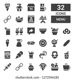 menu icon set. Collection of 32 filled menu icons included Coffee, Food, Pizza, Rice, Link, Brochette, Noodles, Ginger, Shrimp, Drink, Ice cream, Panna cotta, Sausage, Chili, Cucumber