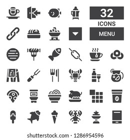 menu icon set. Collection of 32 filled menu icons included Audio player, Ice cream, Lobster, Fish, Coffee bag, Menu, Pork, Bowl, Food, Pizza, Juice, Wine, Restaurant, Fork, Doughnut