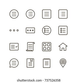 Menu icon set. Collection of high quality outline list pictograms in modern flat style. Black information symbol for web design and mobile app on white background. Navigation line logo.