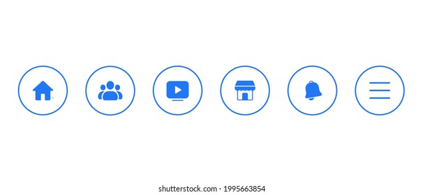 Conjunto de iconos de menú de medios sociales. Inicio, grupo, inspección, mercado, notificación y menú