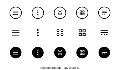 Menu icon set featuring hamburger navigation, more options dots and app grid symbols for website and application interface UI design, Vector illustration