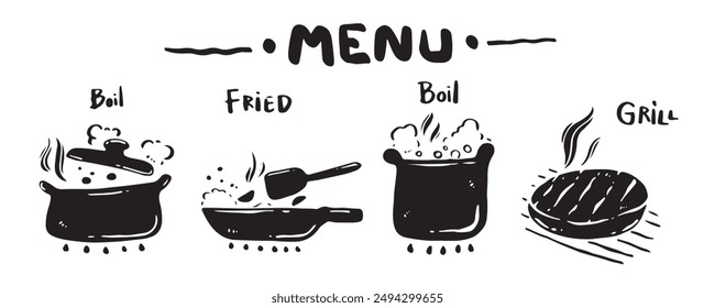 Menü-Icon-Set für Lebensmittelkategorien, handgezeichnet, Vektorillustration. (Kochen, frittieren, grillen)