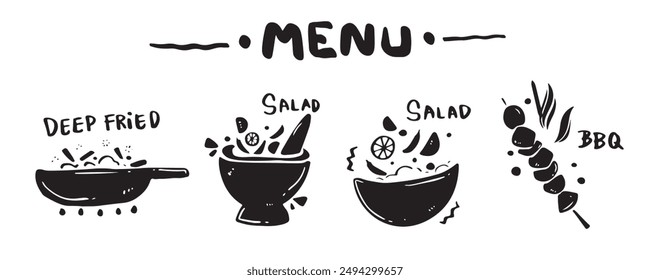 Menu icon set for food categories, hand drawn, vector illustration. (Deep fried, Salad, BBQ, Barbecue)