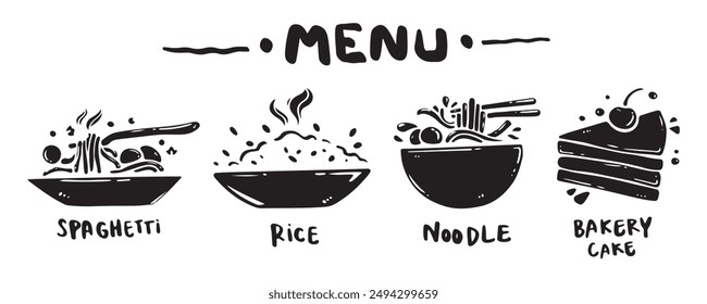 Menu icon set for food categories, hand drawn, vector illustration. (Spaghetti, Rice, Noodles, Bakery, Cake)