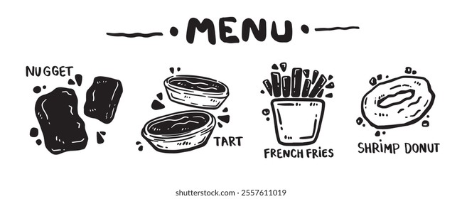 Menu icon set for food categories, hand drawn, vector illustration. (Nugget, Tart, French fries, Shrimp donut)