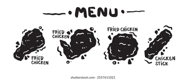 Menu icon set for food categories, hand drawn, vector illustration. (Fried chicken, Chicken Stick)