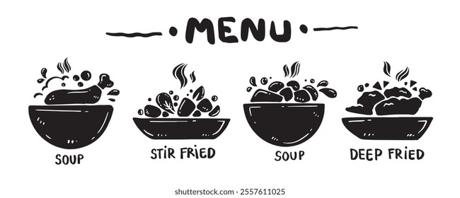 Menu icon set for food categories, hand drawn, vector illustration. (Soup, Stir fried, Deep fried)