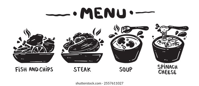 Menu icon set for food categories, hand drawn, vector illustration. (Fish and chips, Steak, Soup, Spinach cheese)