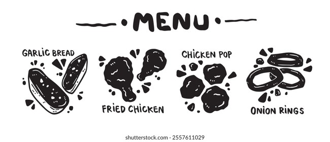 Menu icon set for food categories, hand drawn, vector illustration. (Garlic bread, Fried chicken, Chicken pop, Onion rings)