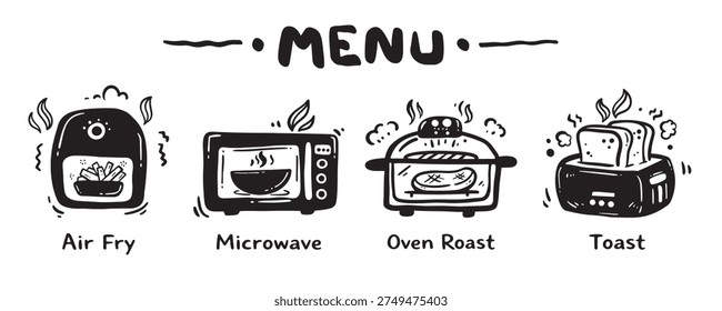 Menu icon set for food categories, hand drawn, vector illustration.
(Air Fry, Microwave, Oven Roast, Toast)