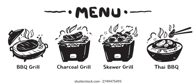 Menu icon set for food categories, hand drawn, vector illustration.
(BBQ Grill, Charcoal Grill, Skewer Grill, Thai BBQ)