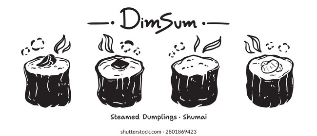 Menu icon set for food categories, hand drawn, vector illustration. (Dim Sum, Steamed Dumpling, Shumai, Shaomai)