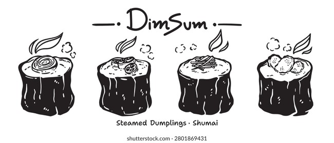 Menu icon set for food categories, hand drawn, vector illustration. (Dim Sum, Steamed Dumpling, Shumai, Shaomai)
