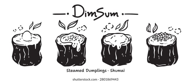 Menu icon set for food categories, hand drawn, vector illustration. (Dim Sum, Steamed Dumpling, Shumai, Shaomai)