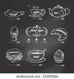 menu icons doodle drawn on chalkboard background .Vector vintage style 