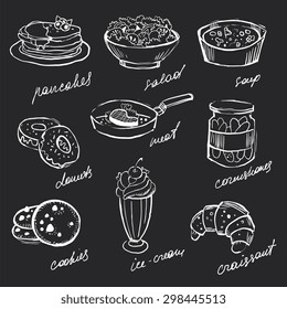 Menu ícones de comida giz desenhado à mão em um quadro negro