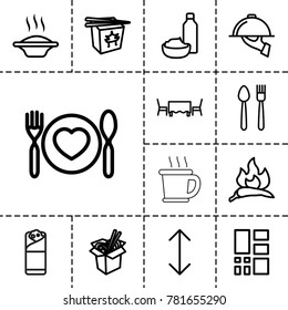 Menu icons. set of 13 editable outline menu icons such as chili, soup, chinese fast food, noodles fast food, burrito, drink and food, plate fork and knife