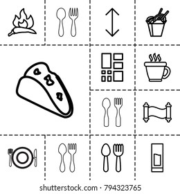 Menu icons. set of 13 editable outline menu icons such as chili, spoon and fork, coffee, taco, chinese fast food, grid, drink, arrow, manuscript