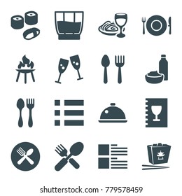 Menu icons. set of 16 editable filled menu icons such as spoon and fork, glasses clink, chinese fast food, drink and food, menu, dish, drink, bbq