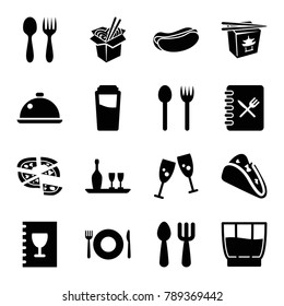 Menu icons. set of 16 editable filled menu icons such as plate fork and spoon, fork and spoon, drink, glasses clink, taco, hot dog, chinese fast food, pizza, noodles fast food