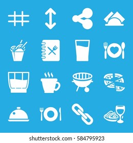 menu icons set. Set of 16 menu filled icons such as plate fork and spoon, coffee, chinese fast food, pizza, pasta and wine glass, plate with spoon and fork, bbq, grid, dish