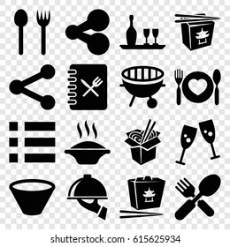 Menu icons set. set of 16 menu filled icons such as chinese fast food, noodles fast food, fork and spoon, plate with spoon and fork, bbq, wine bottle and glass, menu