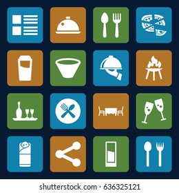 Menu icons set. set of 16 menu filled icons such as spoon and fork, drink, pizza, burrito, dish, wine bottle and glass, dish serving, restaurant table, bowl, bbq