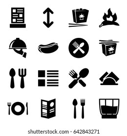 Menu icons set. set of 16 menu filled icons such as chili, plate fork and spoon, fork and spoon, hot dog, chinese fast food, napkin, menu, drink, dish serving