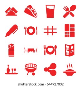 Menu icons set. set of 16 menu filled icons such as plate fork and spoon, taco, burrito, fork and spoon, bbq, grid, napkin, menu, drink, restaurant table, pen, share
