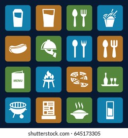 Menu icons set. set of 16 menu filled icons such as spoon and fork, fork and spoon, drink, hot dog, chinese fast food, pizza, bbq, wine bottle and glass, menu, dish serving